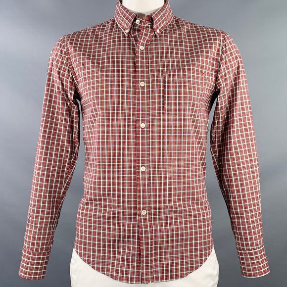 L Red White Plaid Cotton Button Down Collar One Pocket Long Sleeve Shirt
